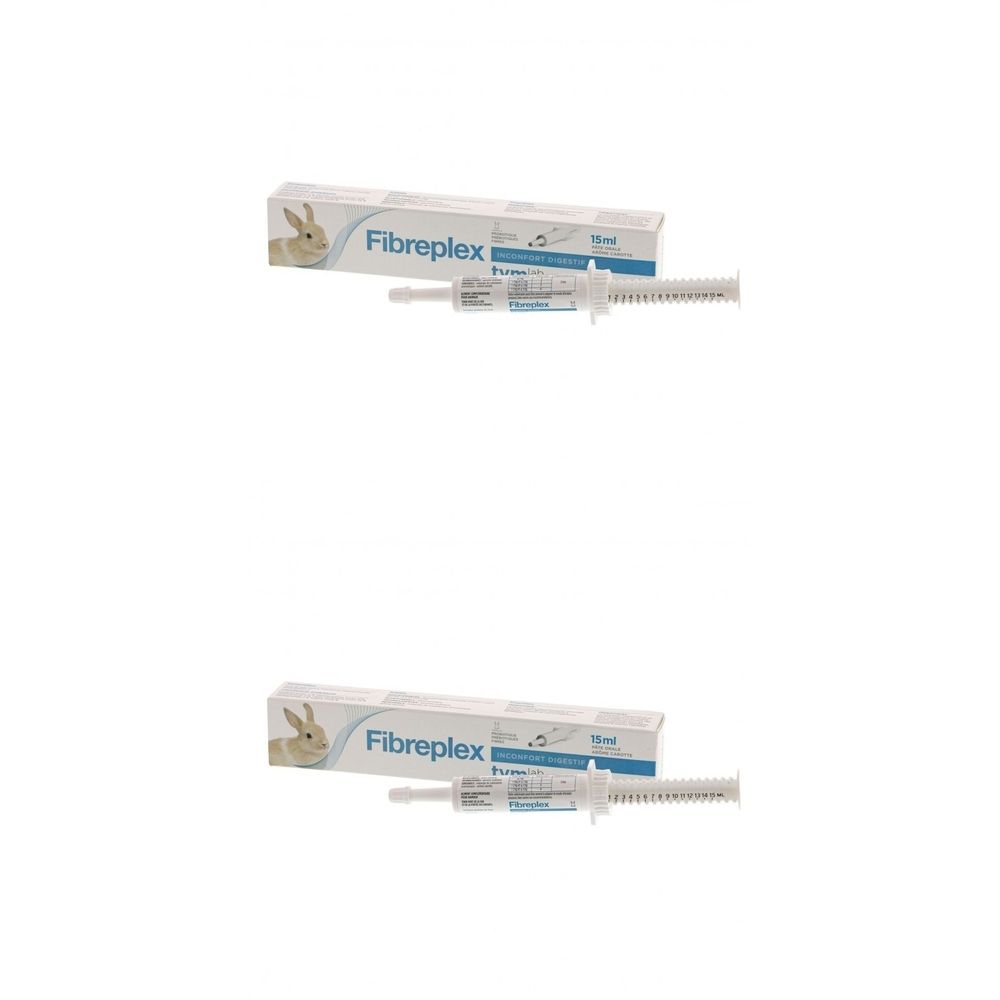 Boîte et seringue. Un lapin est représenté sur la boîte, à côté de l'inscription "Fibreplex". La seringue est graduée.