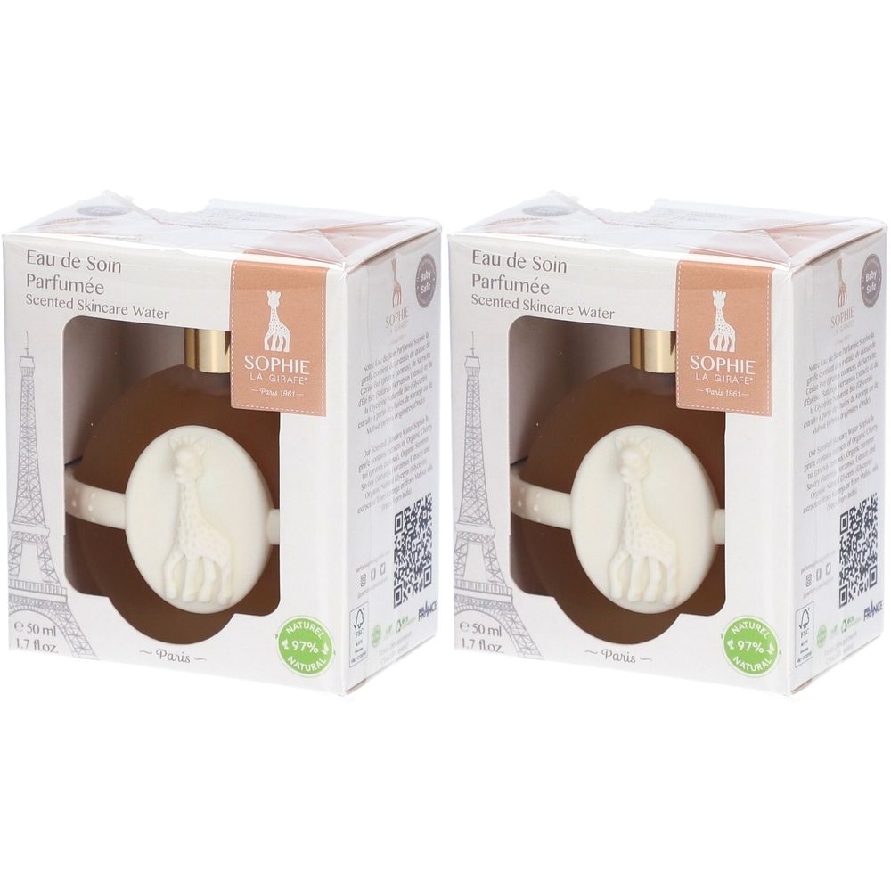 Deux flacons "Eau de Soin Parfumée" dans des boîtes. La boîte présente une girafe. Texte : "SOPHIE LA GIRAFE".