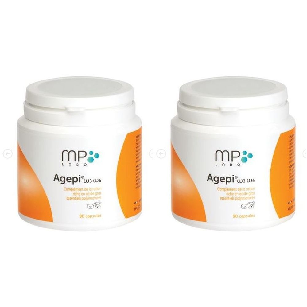 Zwei weiße Behälter mit Deckel. Aufschrift MP Labo Agepii ω3 ω6. Orangefarbene Akzente. 90 Kapseln.