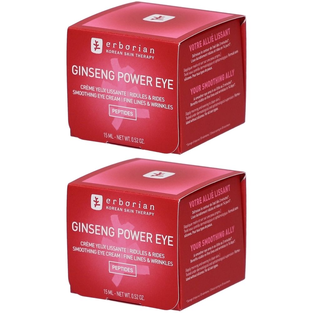 Zwei rote Schachteln mit Produktaufschrift "Ginseng Power Eye". Text: "Creme yeux lissante". Marke: Erborian.