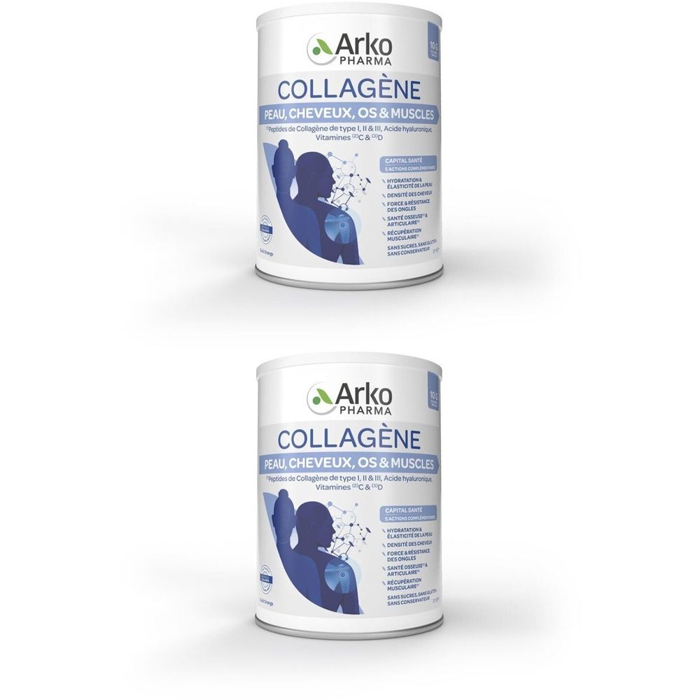 Deux boîtes blanches. Inscription : Arko Pharma, COLLAGÈNE, PEAU CHEVEUX, OS & MUSCLES. Silhouette bleue.