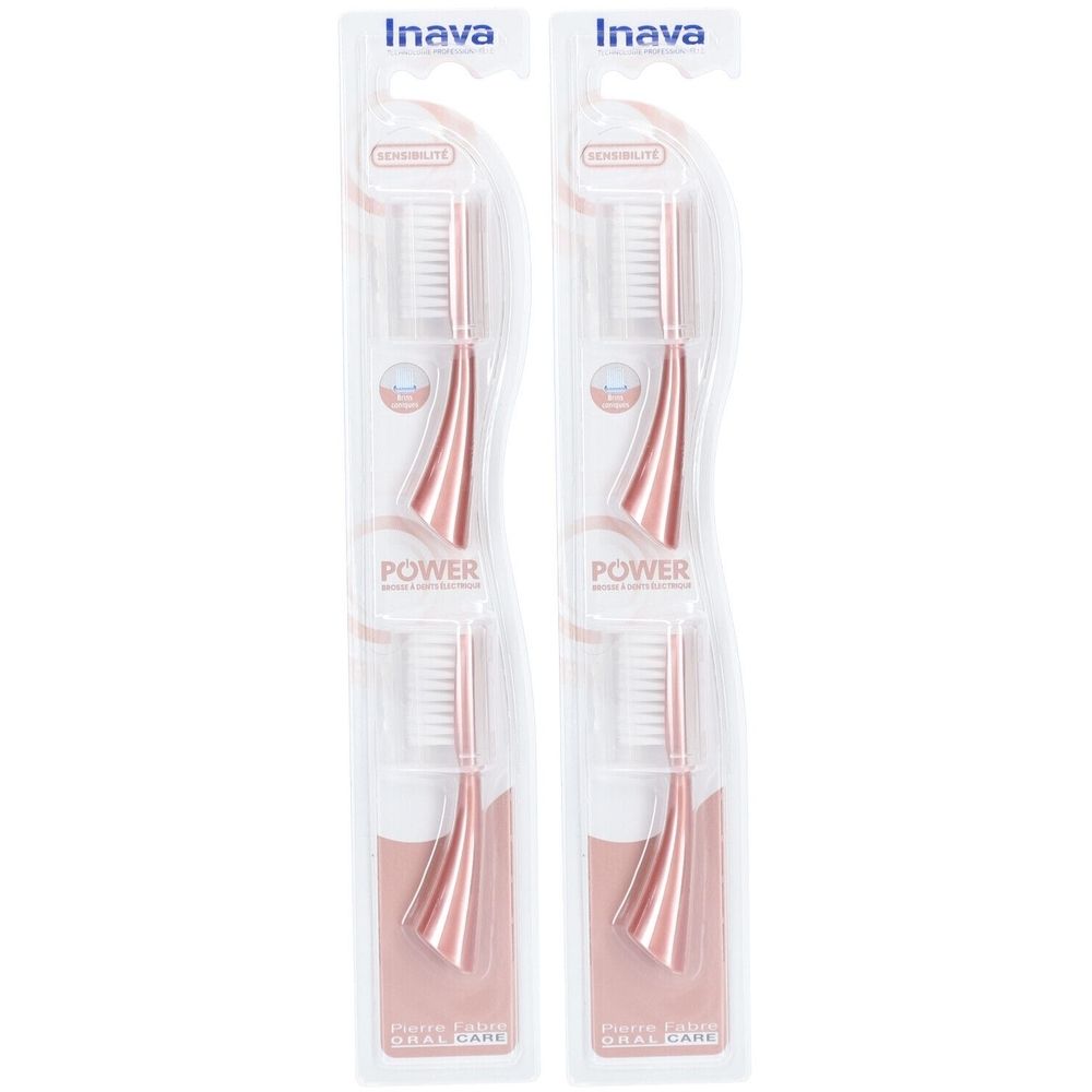 Deux têtes de brosse à dents électriques rose doré, emballées dans du plastique transparent. Marque Inava visible.