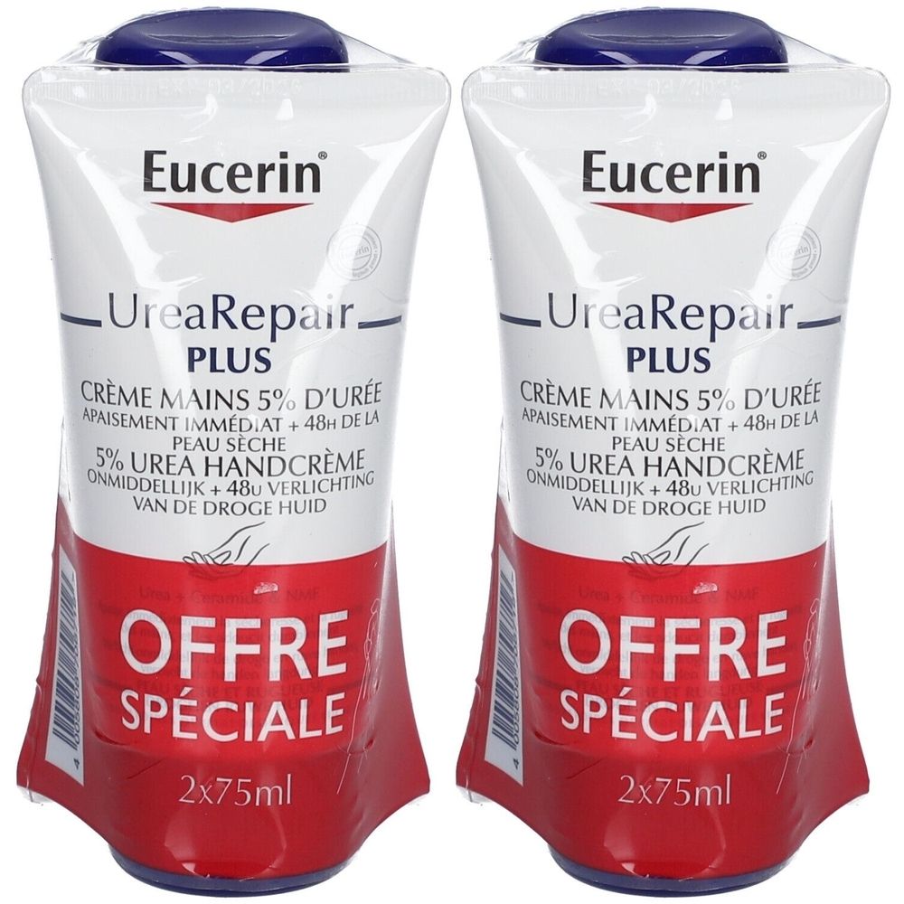 Deux tubes de crème pour les mains sous emballage plastique. Inscription : Eucerin UreaRepair PLUS, Crème Mains 5% d'Urée, Offre Spéciale, 2x75ml.