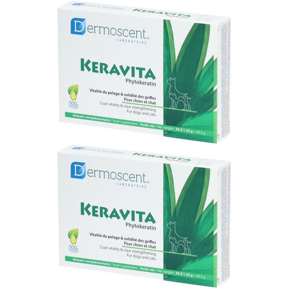 Deux boîtes blanches avec le nom KERAVITA et le logo Dermoscent. Texte : Vitalité du pelage et des griffes. Pour chiens et chats.