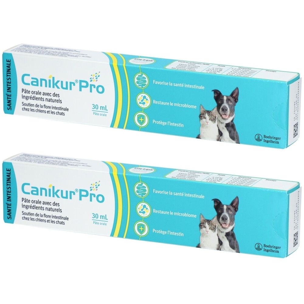 Zwei Packungen Canikur Pro. Blaue und weiße Schachteln mit Produktnamen, Inhaltsangaben und Abbildungen von Hund und Katze.