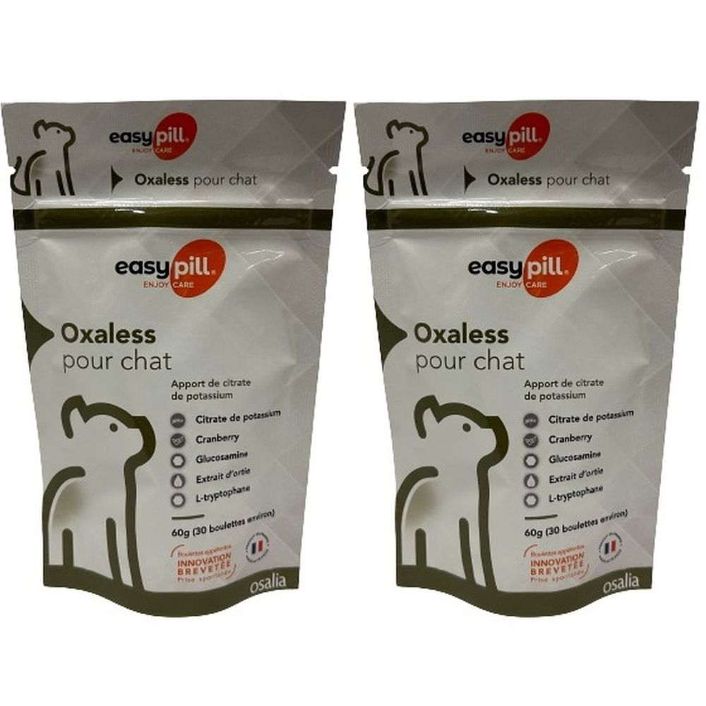 Deux sachets Osalia Easypill Oxaless pour chat. Inscription: Oxaless pour chat, ingrédients, 60g, easy pill.