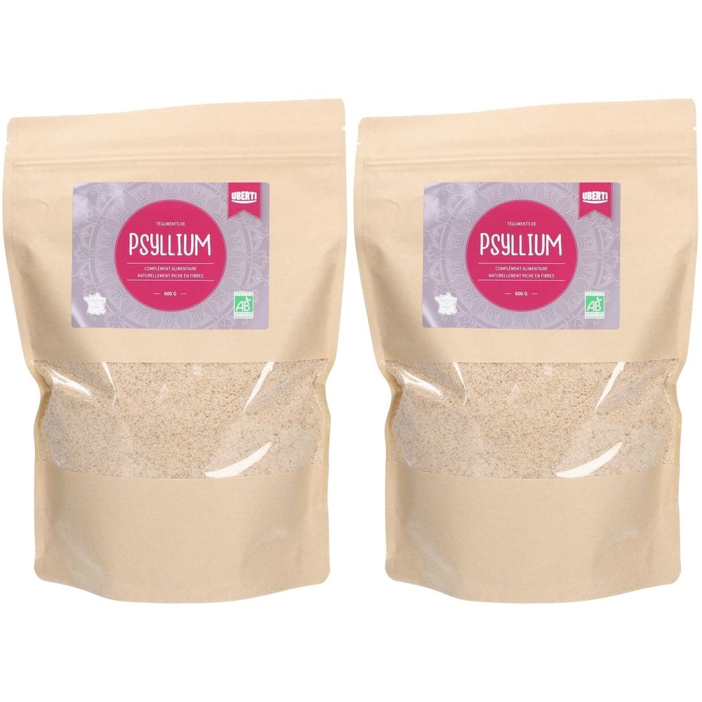 Deux sachets de psyllium. Inscription du nom du produit et label bio. Zone transparente pour voir le produit.