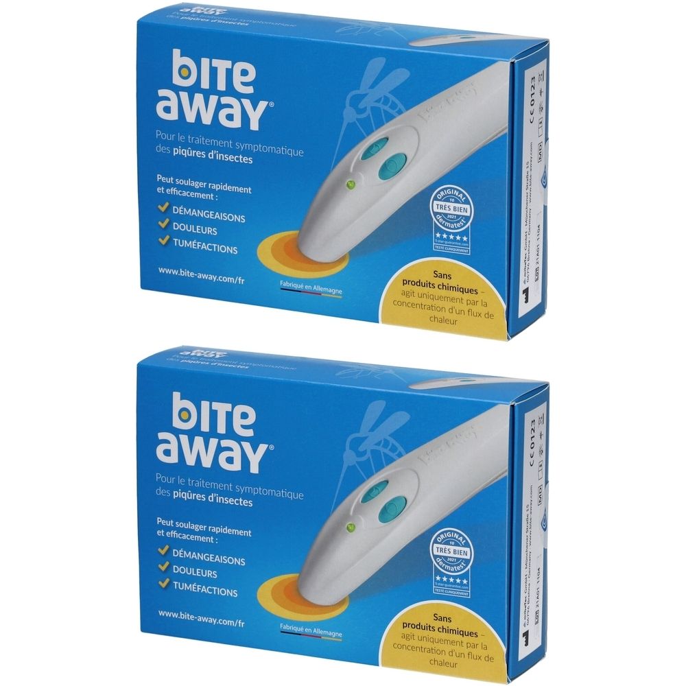 Zwei blaue Schachteln mit dem Produkt "bite away". Auf jeder Schachtel ist ein weißes Gerät abgebildet, das auf einen gelben Kreis zeigt.