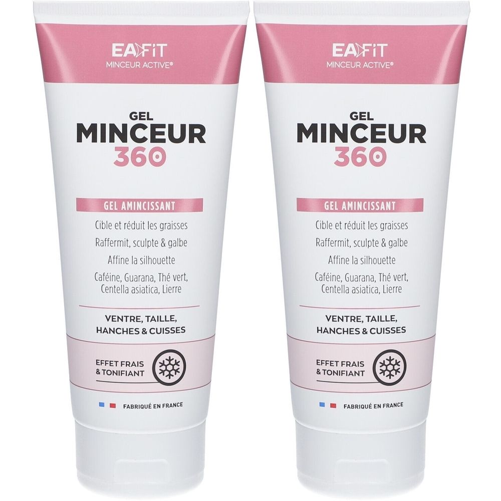 Deux tubes de gel. Inscription: EA Fit, Gel Minceur 360. Emballage rose et blanc. Texte en français.