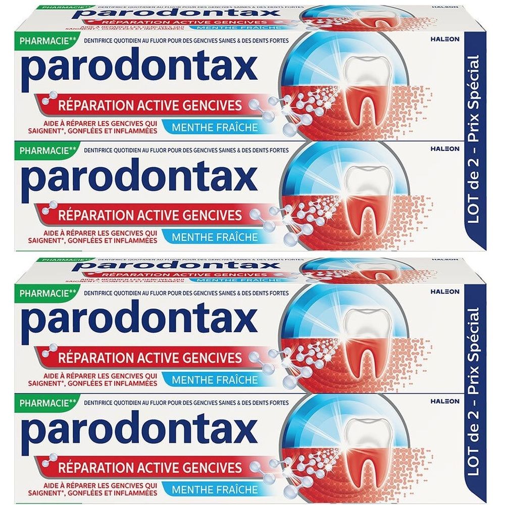 Plusieurs tubes de dentifrice parodontax. Inscription: Réparation active gencives, Menthe Fraîche. Lot de 2, prix spécial.