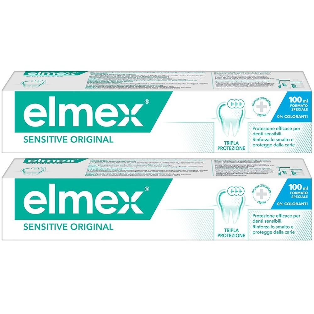 Deux tubes de dentifrice elmex Sensitive Original. Emballage blanc avec texte vert. Inscriptions : Tripla Protezione, 100 ml, 0% colorants.