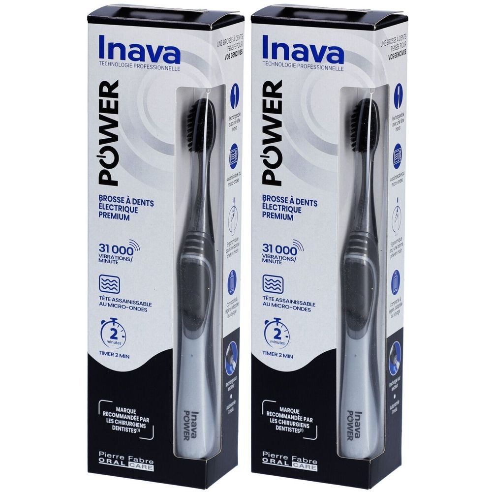 Zwei elektrische Zahnbürsten in Verpackung. Marke Inava Power, schwarze Borsten, grauer Griff. Premium-Modell, 31.000 Vibrationen/Minute.