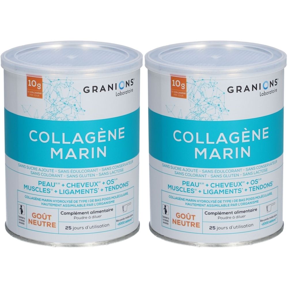 Zwei Dosen mit der Aufschrift "COLLAGÈNE MARIN". Aufschrift "10g" und "GOÛT NEUTRE".