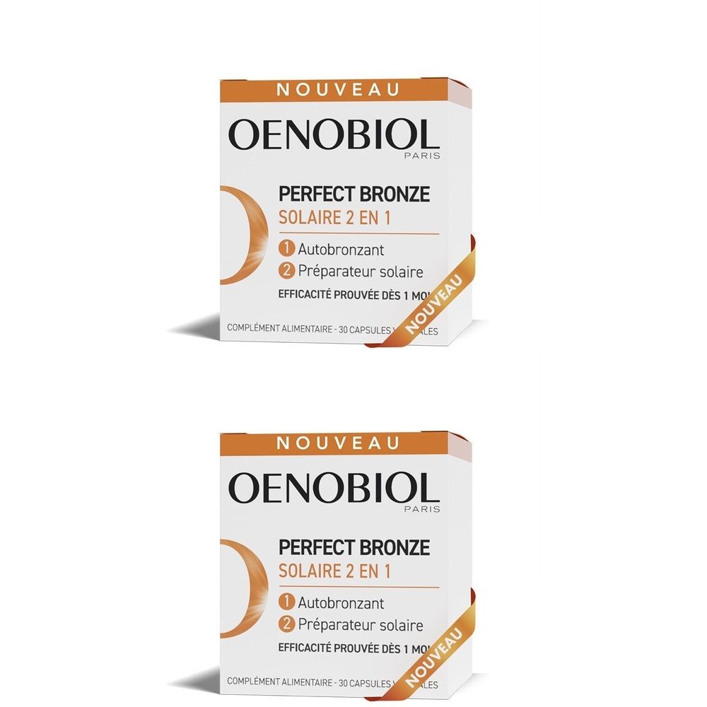 Zwei Schachteln mit der Aufschrift OENOBIOL, PERFECT BRONZE SOLAIRE 2 EN 1. Enthält Autobronzant und Préparateur solaire. Aufschrift NOUVEAU.