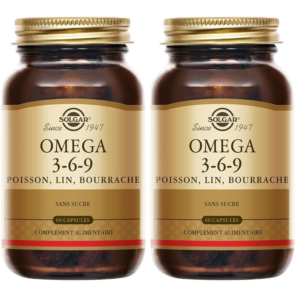 Deux flacons en verre brun avec des couvercles dorés. L'étiquette indique "SOLGAR Omega 3-6-9".