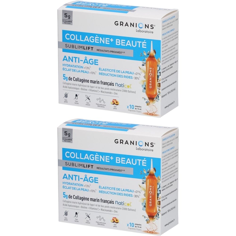 Zwei Kartons GRANIONS Collagène + Beauté Sublimlift. Aufschrift: Anti-Age, 5g Collagène marin français. Enthält 10 Ampullen.