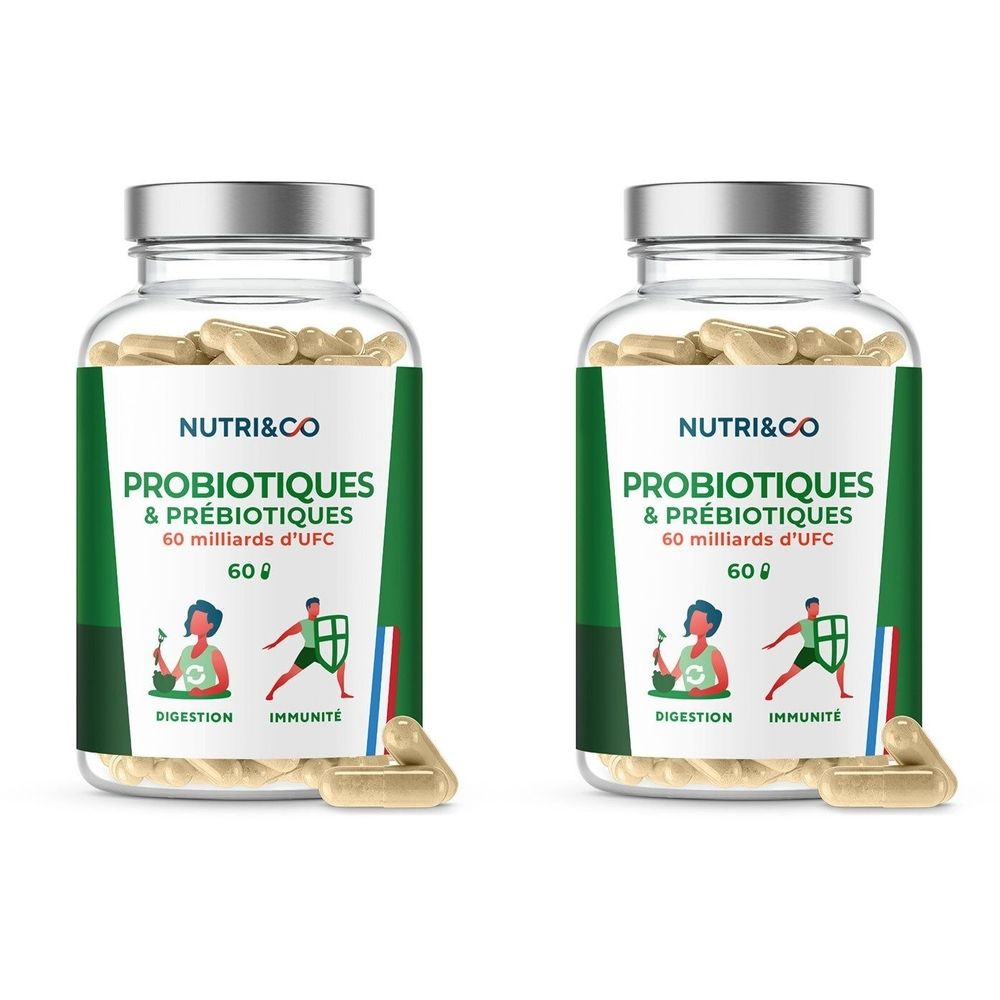 Zwei Glasflaschen mit Kapseln. Auf den Etiketten steht NUTRI&CO, PROBIOTIQUES & PRÉBIOTIQUES, 60 Milliarden UFC. Illustrationen von Verdauung und Immunität.