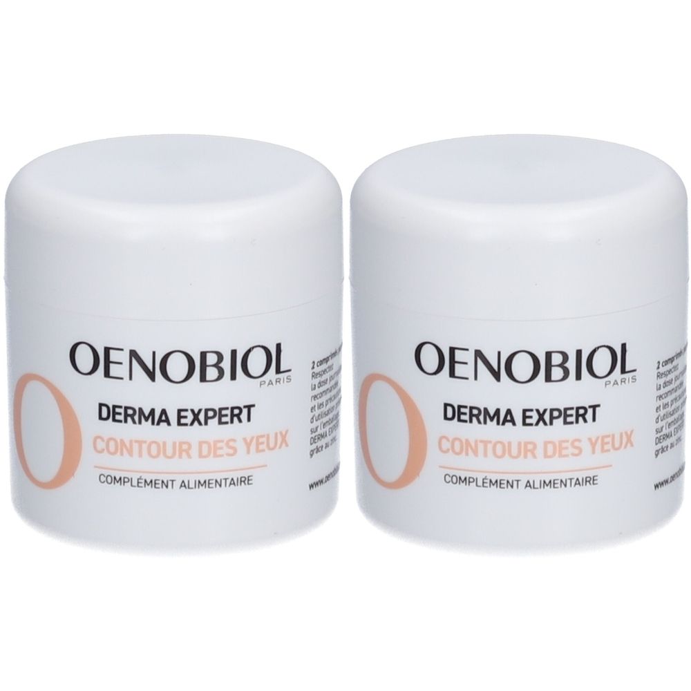 Deux pots blancs. Inscription: OENOBIOL, DERMA EXPERT, CONTOUR DES YEUX, COMPLEMENT ALIMENTAIRE. Un 'O' orange sur chaque pot.
