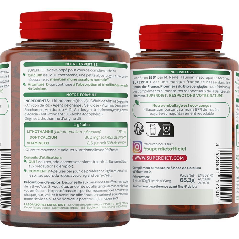 Rückansicht von zwei Flaschen SUPERDIET Calcium + Vitamin D3 mit detaillierten Informationen.