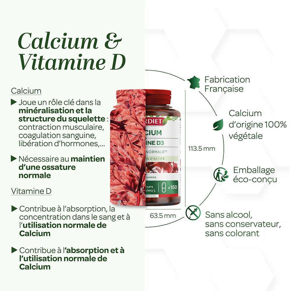 SUPERDIET Calcium + Vitamin D3 Flasche mit Maßen und Informationen zur französischen Herstellung.