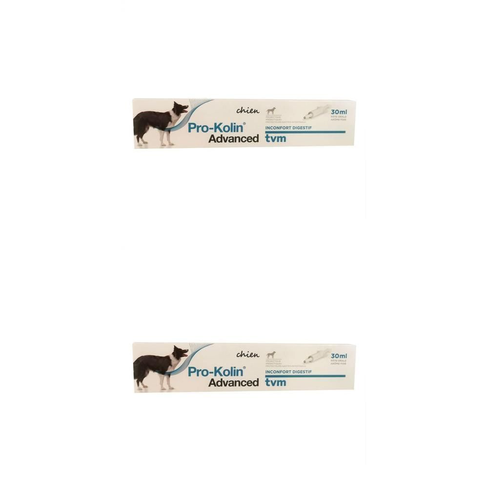 Deux boîtes de Pro-Kolin Advanced Chien. Boîtes blanches avec nom du produit, image de chien et indication 50ml.