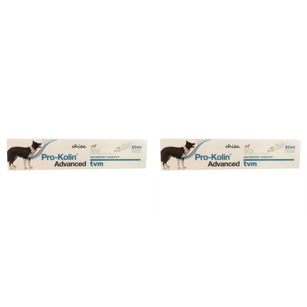 Deux emballages rectangulaires. Inscription : Pro-Kolin Advanced, chien, 50ml. Image d'un chien.