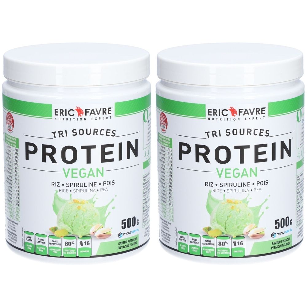 Deux boîtes blanches avec étiquette verte. Inscription : Eric Favre, Protéines Vegan, goût pistache. 500g.