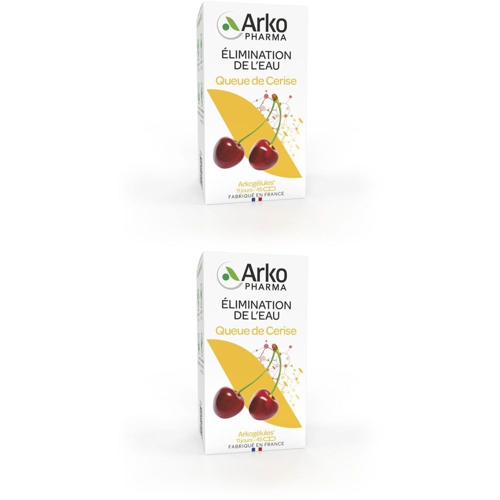 Deux boîtes blanches avec des informations sur le produit. Imprimé : cerises et l'inscription "Élimination de l'eau Queue de Cerise".