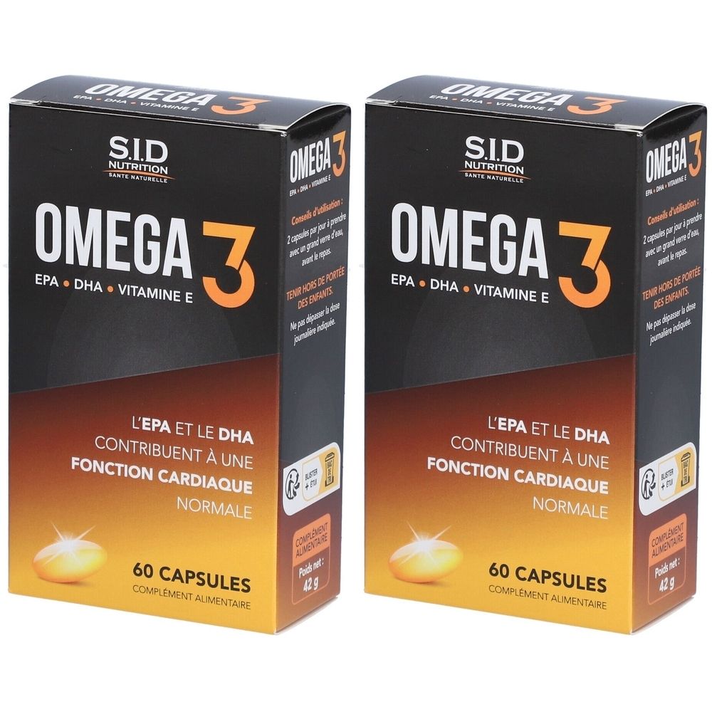 Deux boîtes de compléments alimentaires Omega 3. Emballage noir avec texte orange. Contient 60 gélules.