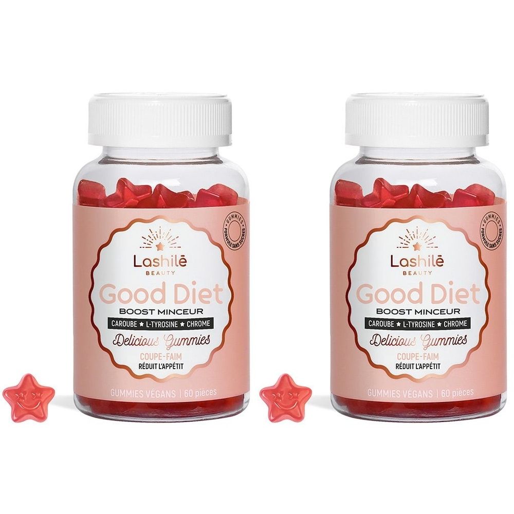 Deux flacons avec étiquettes roses. Inscription: Good Diet, Boost Minceur. Bonbons gélifiés en forme d'étoile.