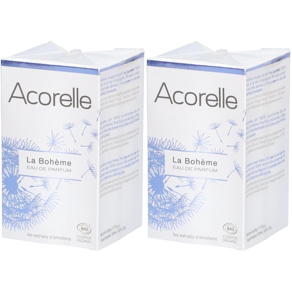 Deux boîtes carrées "Acorelle La Bohème Eau de Parfum" avec logo et certification bio. Emballage blanc avec illustrations bleues.