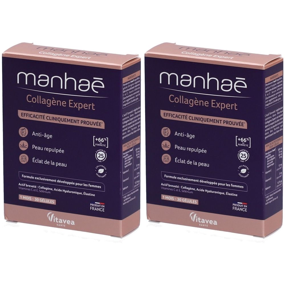 Zwei Schachteln Manhaé Collagène Expert. Aufschrift: Anti-Age, Peau repulpée, Éclat de la peau. Marke Vitavea. Hergestellt in Frankreich.
