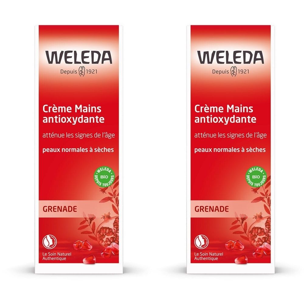 Deux tubes rectangulaires rouges. Inscription: WELEDA, Crème Mains antioxydante, Grenade. Label bio.