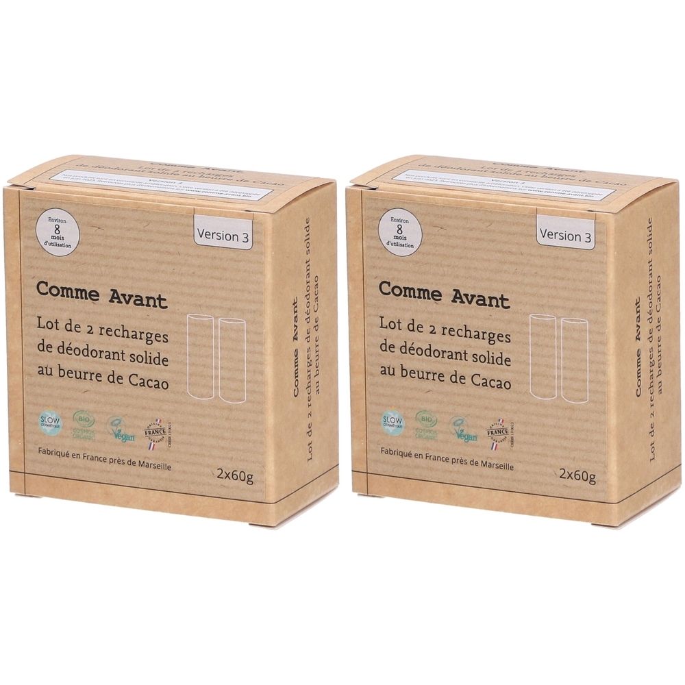 Deux boîtes en carton avec l'inscription "Comme Avant", "Lot de a recharges de déodorant solide au beurre de Cacao". Version 3. 2x60g.