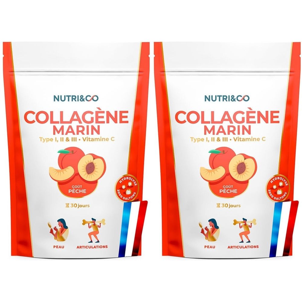 Deux sachets de COLLAGÈNE MARIN, arôme pêche, avec vitamine C. Illustrations de pêches et pictogrammes. Marque NUTRI&CO.
