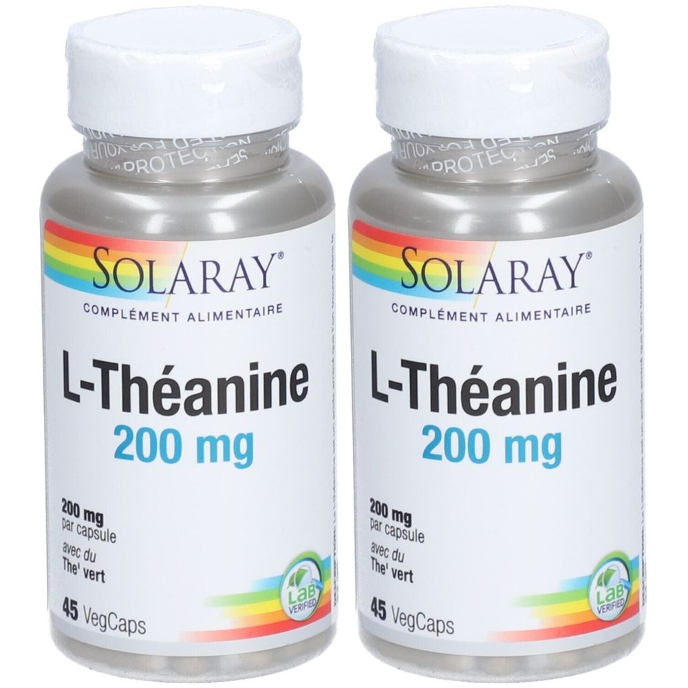 Deux flacons de SOLARAY L-Théanine 200 mg avec thé vert. Étiquettes blanches, texte bleu, logo arc-en-ciel, 45 VegCaps.