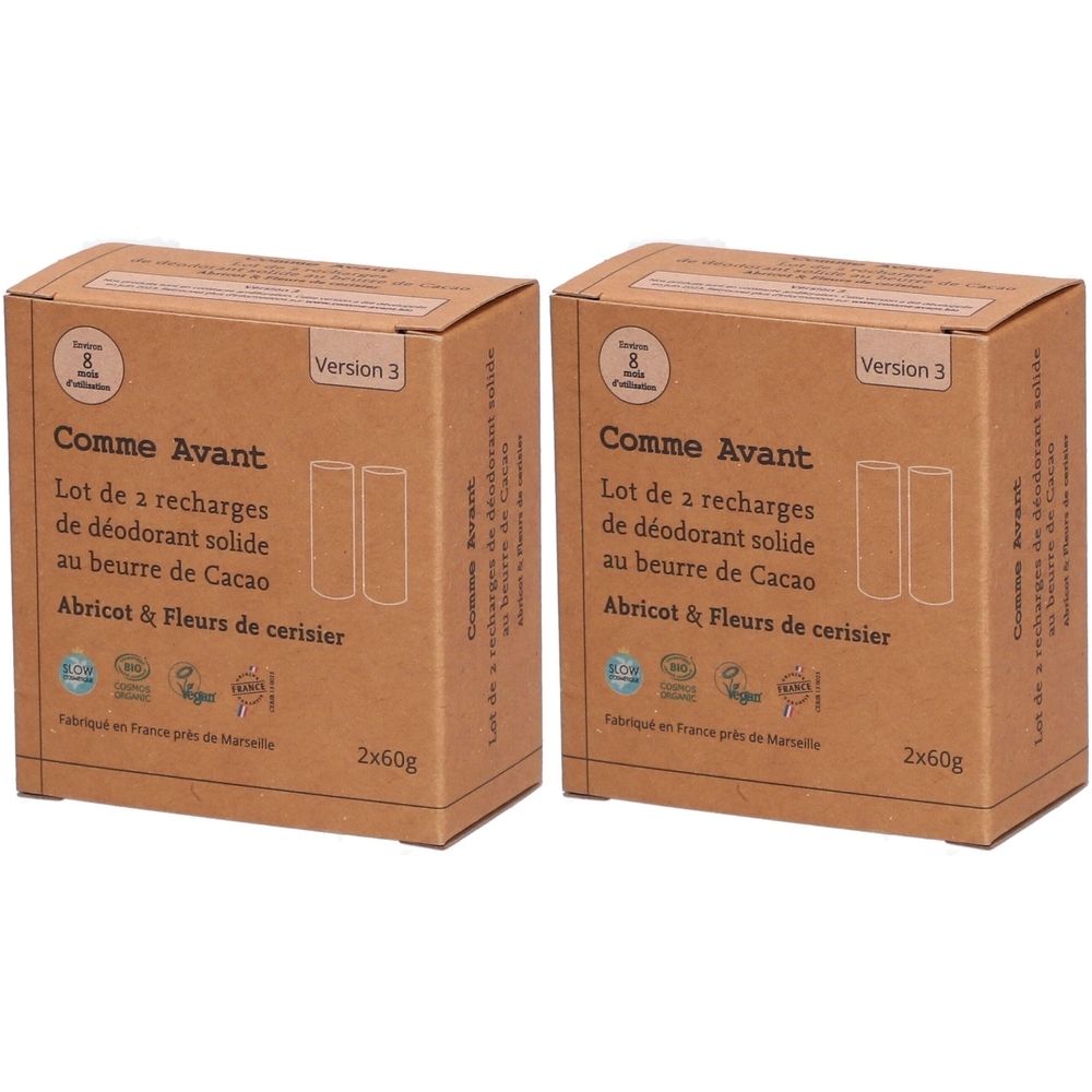 Deux boîtes en carton avec l'inscription "Comme Avant". Inscription : "Lot de 2 recharges de déodorant solide au beurre de Cacao Abricot & Fleurs de cerisier".