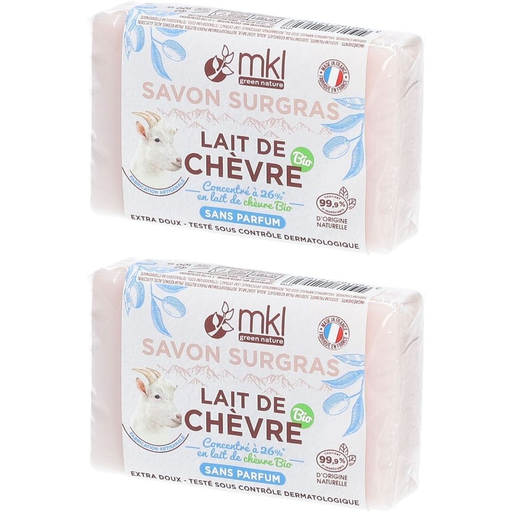 Deux savons emballés. Inscription : mkl, Savon Surgras, Lait de Chèvre Bio, Sans Parfum.