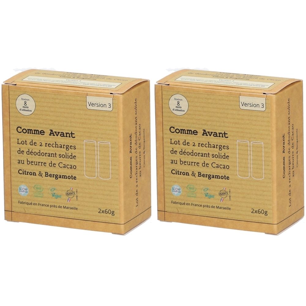 Deux boîtes en carton "Comme Avant". Texte: Lot de 2 recharges de déodorant solide au beurre de Cacao Citron & Bergamote. Version 3. 2x60g.