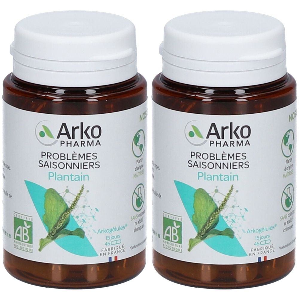 Deux flacons bruns avec couvercles blancs. Étiquettes : "Arko Pharma", "Problèmes Saisonniers Plantain" et le label AB.