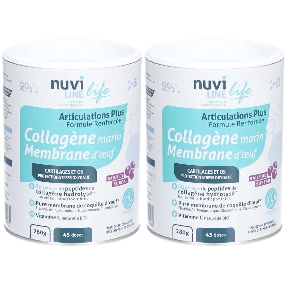 Zwei zylindrische Dosen mit der Aufschrift "Nuvi Life". Aufschrift: "Articulations Plus Collagène marin Membrane d'œuf".