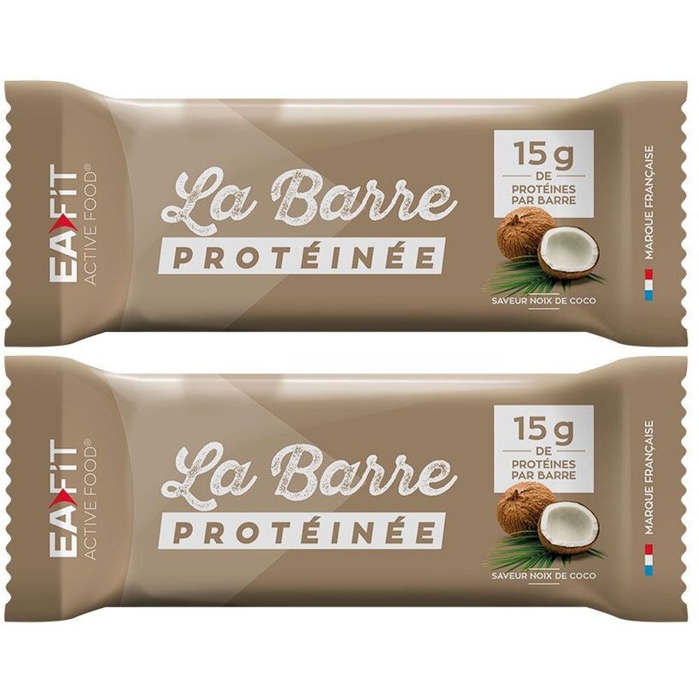 Zwei Proteinriegel mit Kokosgeschmack. Aufschrift: La Barre Protéinée, 15g Protein pro Riegel. Marke EA FIT.