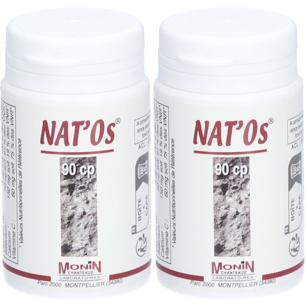 Deux flacons blancs NAT'OS, 90 cp. Inscription MONIN CHANTEAUD. Sur chaque flacon, le mot BOITE est visible.