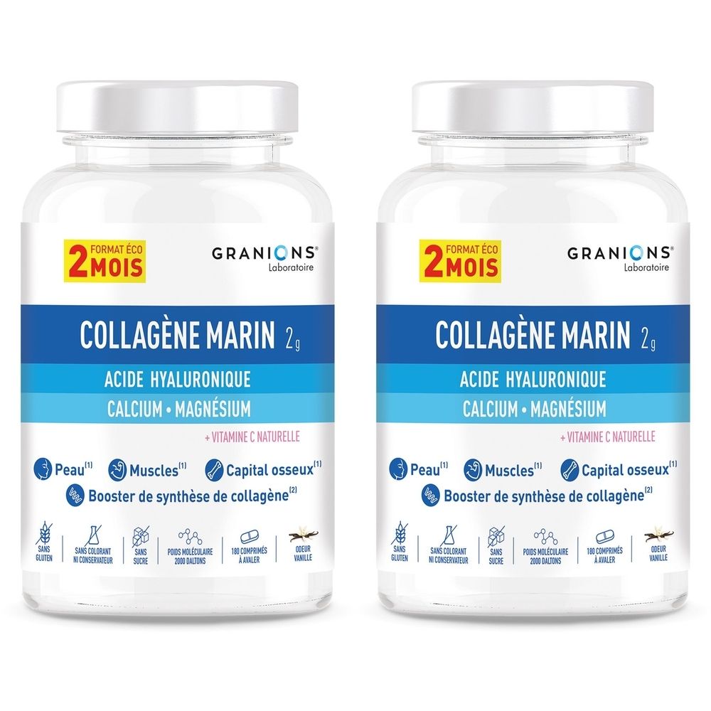 Zwei weiße Flaschen mit blau-weißen Etiketten. Aufschrift: COLLAGÈNE MARIN 2g, Hyaluronsäure, Calcium, Magnesium. Marke: GRANIONS.