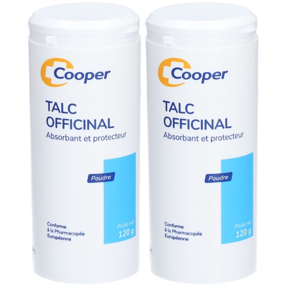 Deux flacons blancs "Cooper TALC OFFICINAL". Inscription "Poudre". Contenance 120g. Conforme à la Pharmacopée Européenne.
