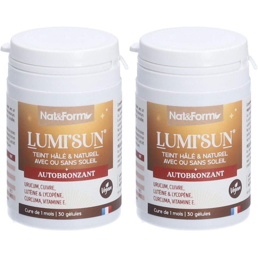 Deux flacons blancs avec étiquettes. Inscription: Nat&Form Lumi'Sun, Autobronzant. Contient 30 gélules. Label Vegan.