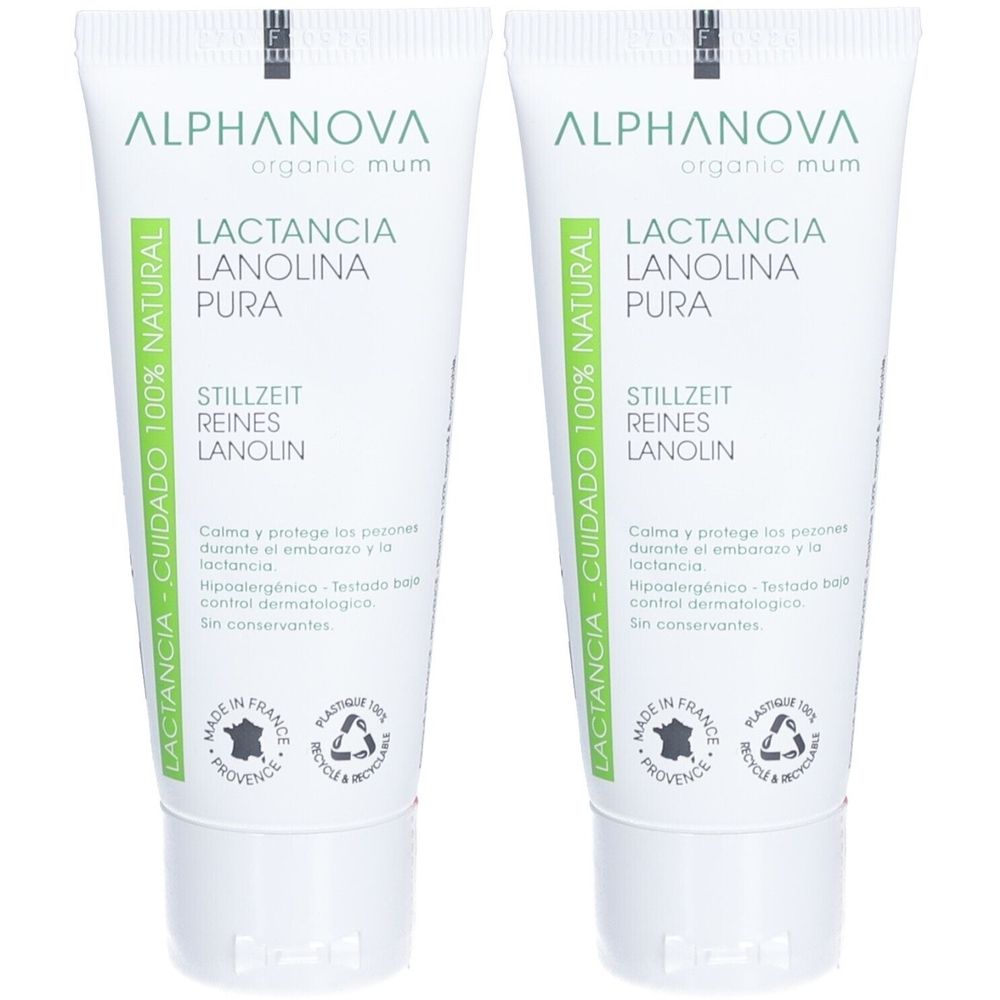 Deux tubes blancs. Inscription "ALPHANOVA organic mum", "LACTANCIA LANOLINA PURA" et "STILLZEIT REINES LANOLIN" sur chaque tube.