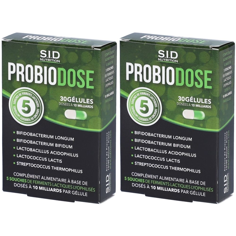 Deux boîtes de "PROBIODOSE". Chaque boîte affiche 30 gélules et des informations sur les ingrédients.