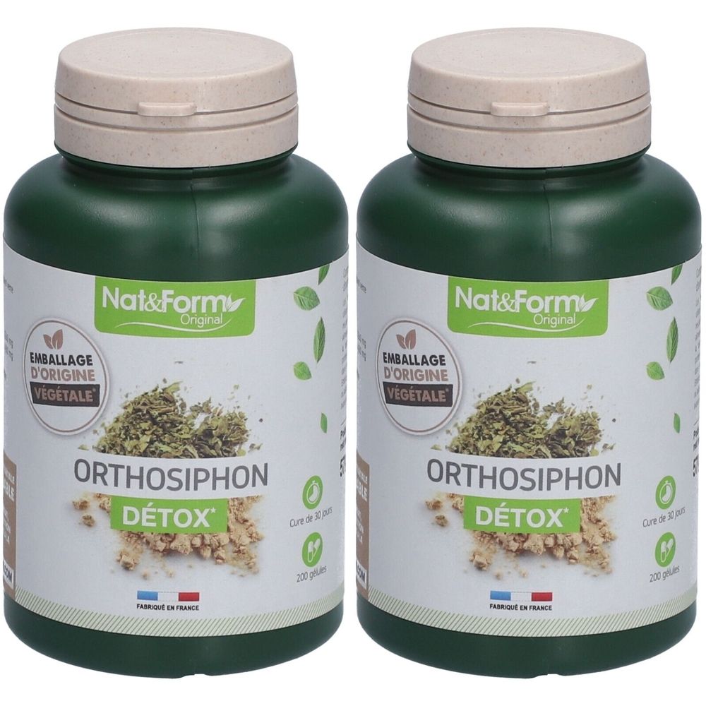 Zwei grüne Flaschen mit beigem Deckel. Aufschrift: Nat&Form, Orthosiphon Détox. Verpackung aus pflanzlicher Herkunft. Hergestellt in Frankreich.