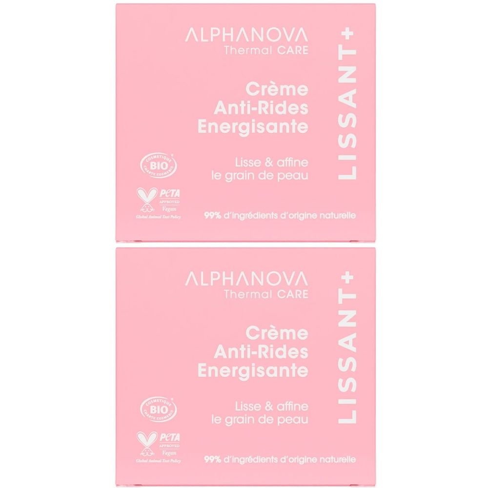 Deux boîtes roses. Inscription: ALPHANOVA Thermal CARE Crème Anti-Rides Energisante. Logos: BIO, PETA. Texte: LISSANT+.